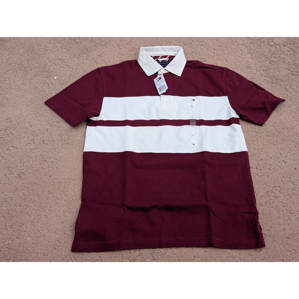 Tommy Hilfiger Rugby Shirt #5 Burgundy White Stripe Size Small READ